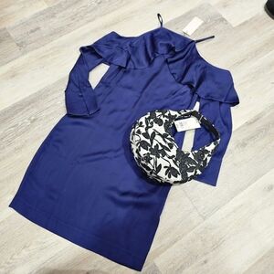 Blue Open Shoulder Ruffle Formal Bodycon Mini Midi Dress Luxary Silky